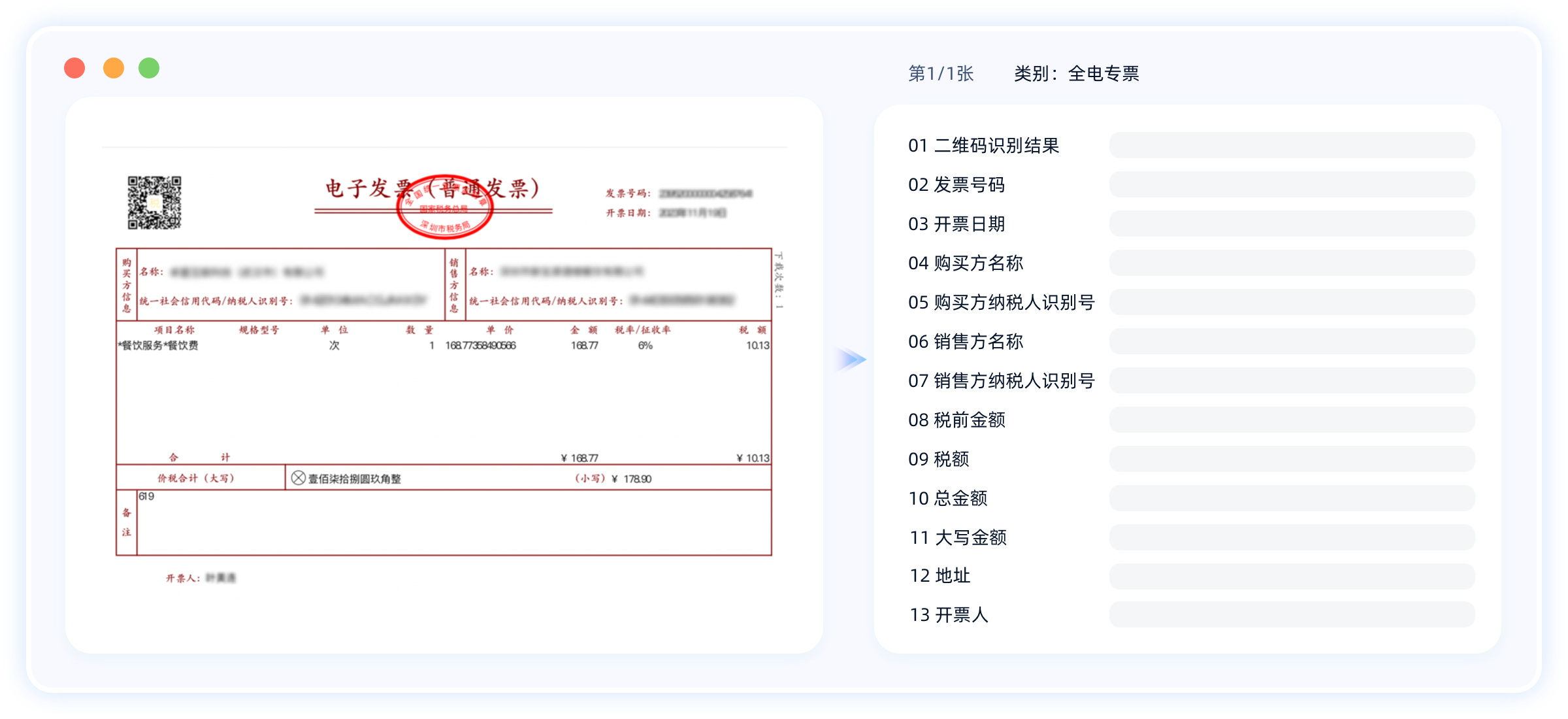 电子发票（普通发票），资圳市税务過，发票号码：，开票日期：，购买，方信，名称：，统一社会信用代码/纳税人识别号：，项目名称，*餐饮服务*餐饮费，规格型号，数，销售方信，名称：，统一社会信用代码/纳税人识别号：，单价，168 77358490506，金额，税率/征收率，16877，6%，价税合计（大写），X壹佰柒拾捌圆玖角整，¥168刀，（小写）¥ 17890，619，开票人：，栽次数：1，额，10
