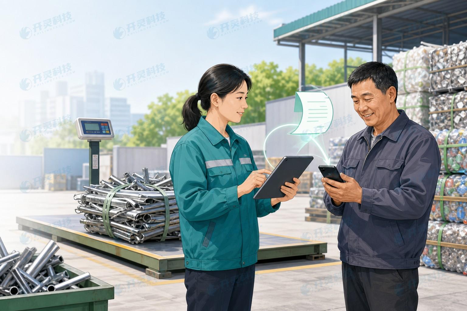 资源回收企业向符合条件的自然人出售者收购报废产品并完成过磅、付款、反向开票的场景图
