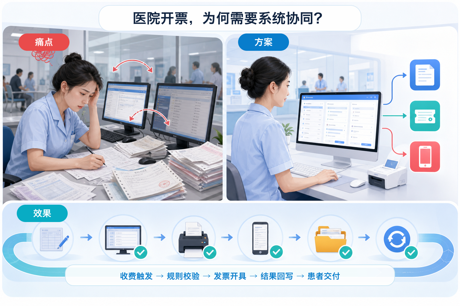 医院开票系统协同信息图,展示重复录入痛点、统一工作台方案以及收费触发到患者交付的闭环