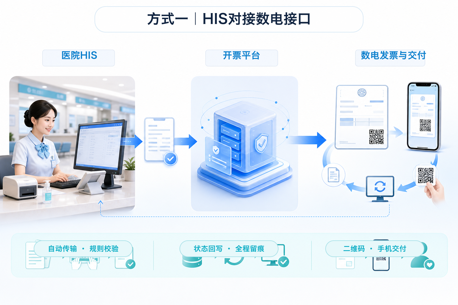 普通对接自动开票信息图,医院HIS经开票平台和医院自身数电发票通道开票,并回写交付