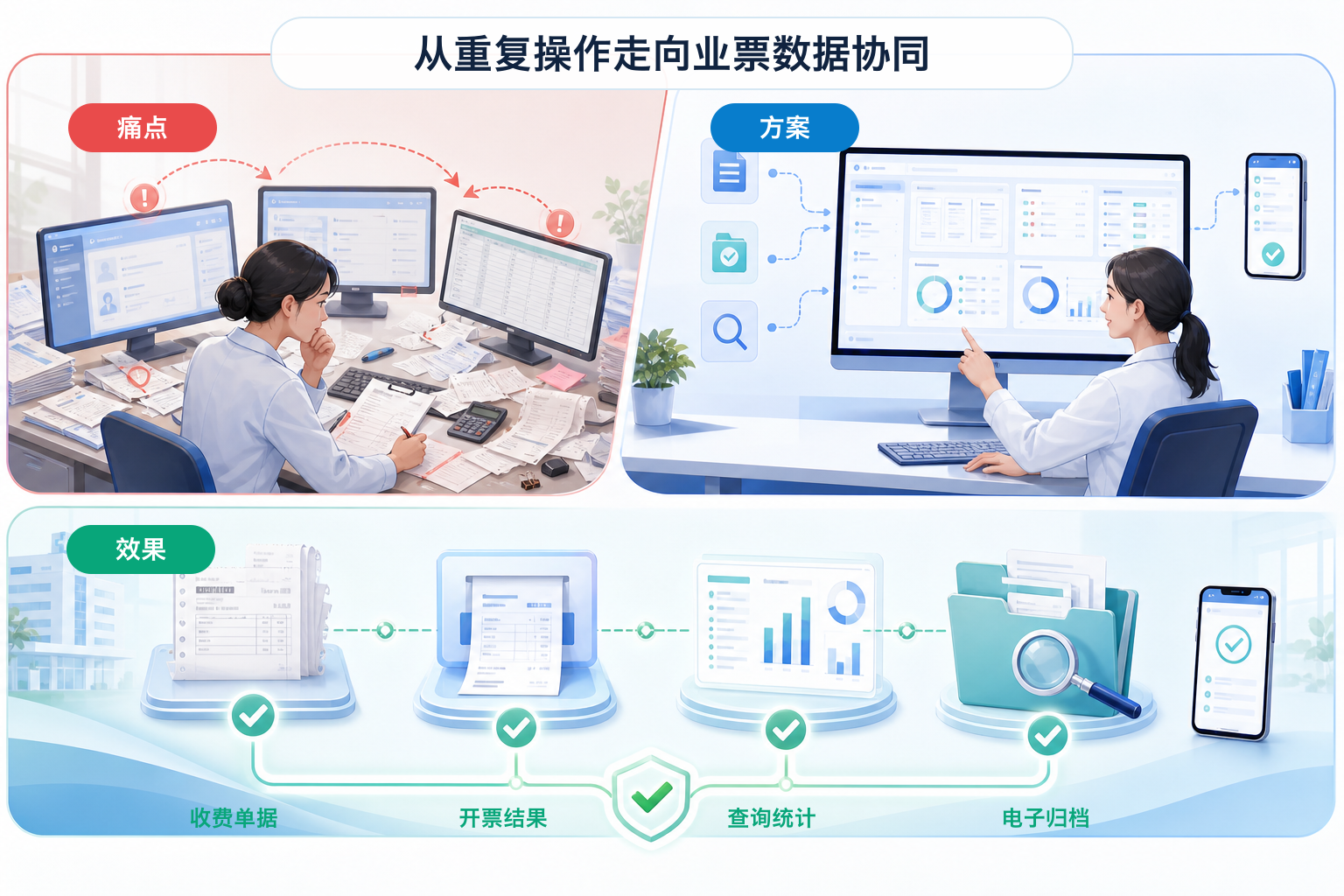 医院业票数据协同信息图,从多系统重复操作转向统一工作台和收费单据、开票结果、查询统计、电子归档闭环