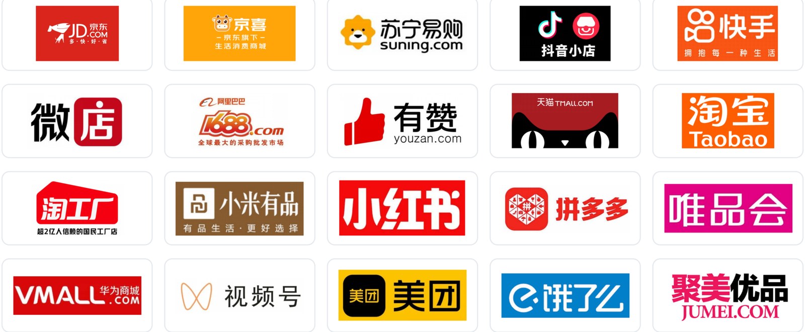 京东、淘宝、天猫、拼多多、抖音、快手、苏宁、有赞等主流电商平台